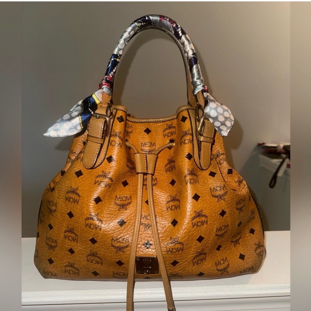 MCM Cognac Visetos Drawstring Satchel with Scarf-Wrapped Handles